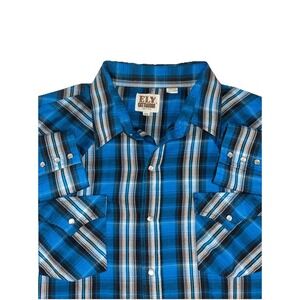 ELY Cattleman Vintage Pearl Snap Blue Plaid Western‎ Long Sleeve Button Size XL